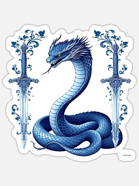Design von blauen Schlangen-Dekorationsschwertern. - Sticker Größe S (10 x 10 cm) - Mattweiß