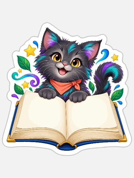 Katzenbuchzauber im Regenbogenstil - Sticker Größe S (10 x 10 cm) - Mattweiß