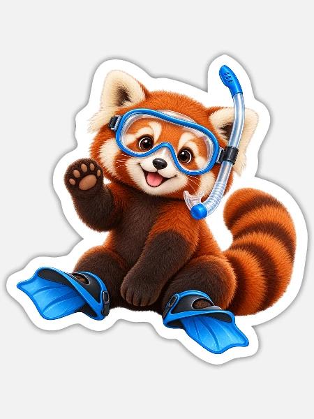 Tauchender Red Panda - Sticker Größe S (10 x 10 cm) - Mattweiß