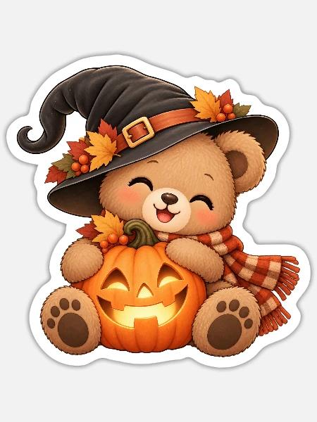 Halloween-Teddy mit Kürbis - Sticker Größe S (10 x 10 cm) - Mattweiß