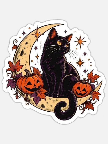 Nachtschwarze Katze mit Hallowen-Kürbissen - Sticker Größe S (10 x 10 cm) - Mattweiß