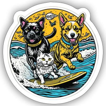 Eine Katze und Hunde surfen zusammen: beste Freunde - Sticker Größe S (10 x 10 cm) - Mattweiß - Vorne