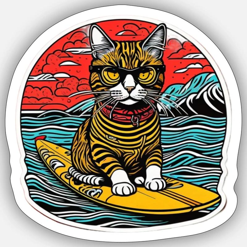 Chat mignon, petit kitty surf en été Sticker taille S (10 x 10 cm)