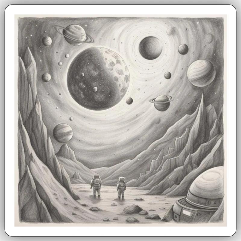 space themed in graphite - Sticker size S (10 x 10 cm) - white matte