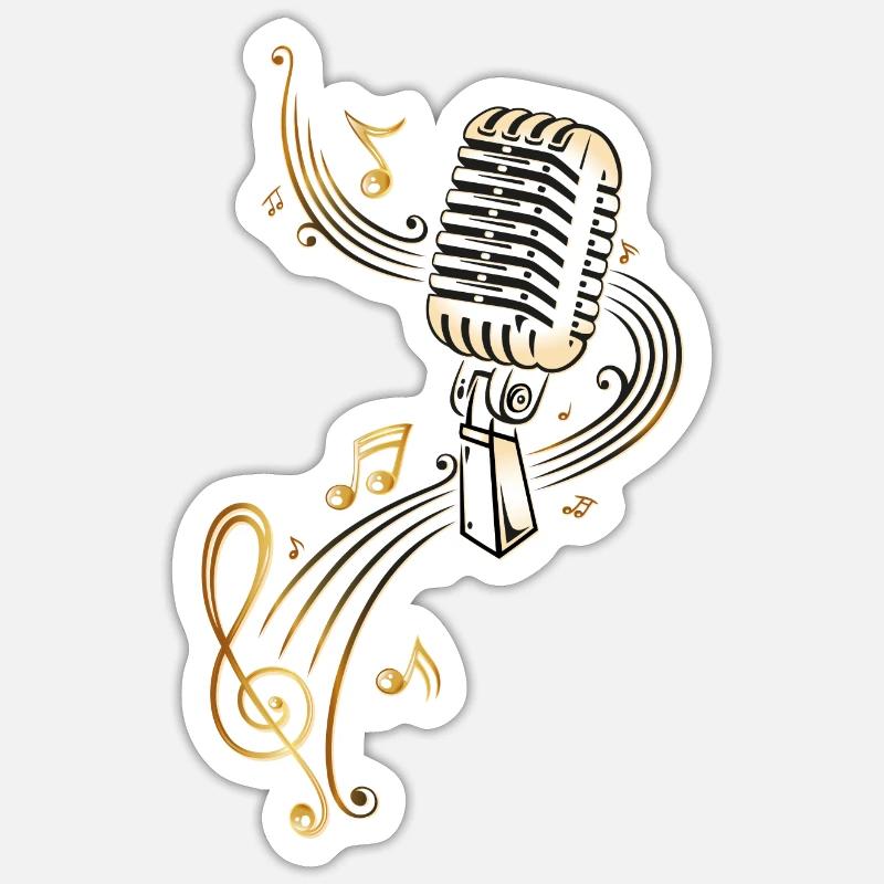 Retro microphone with music notes and clef. Sticker size S (10 x 10 cm)