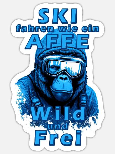 Gorilla Ski fahren wie ein Affe- witziger Spruch - Sticker Größe S (10 x 10 cm) - Mattweiß