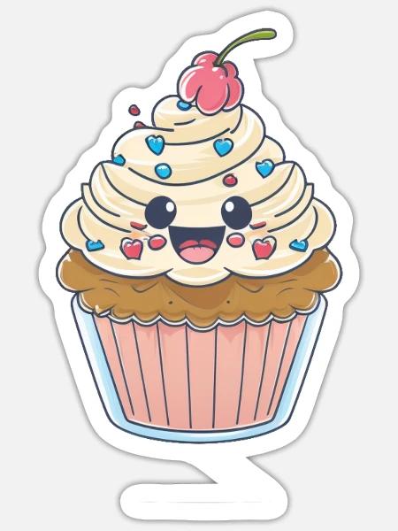 Kawaii Niedlicher glücklicher Cupcake - Sticker Größe S (10 x 10 cm) - Mattweiß