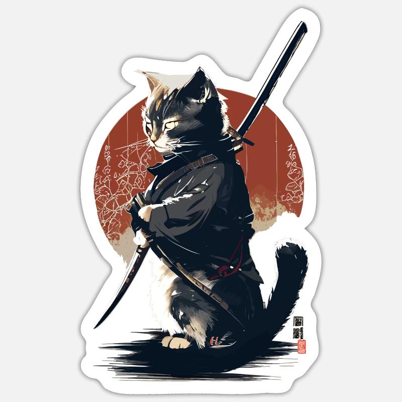 Kawaii Neko Samurai : Katzen-Samurai - Sticker Größe S (10 x 10 cm) - Mattweiß