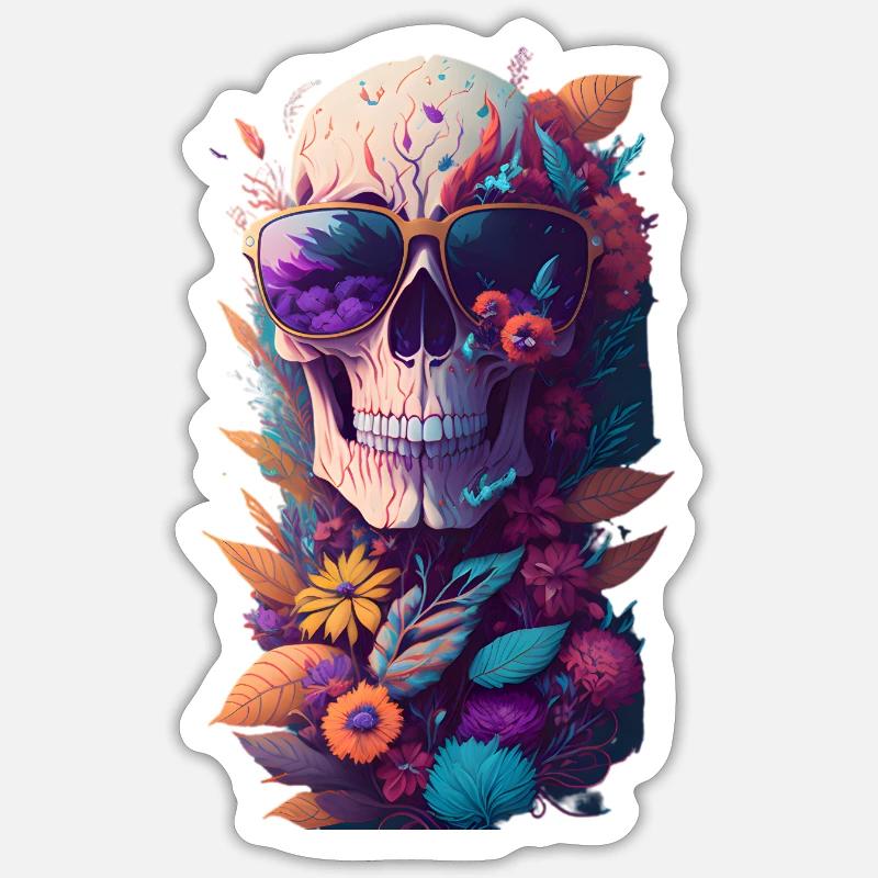 Schädel mit Blumen - Sticker Größe S (10 x 10 cm) - Mattweiß