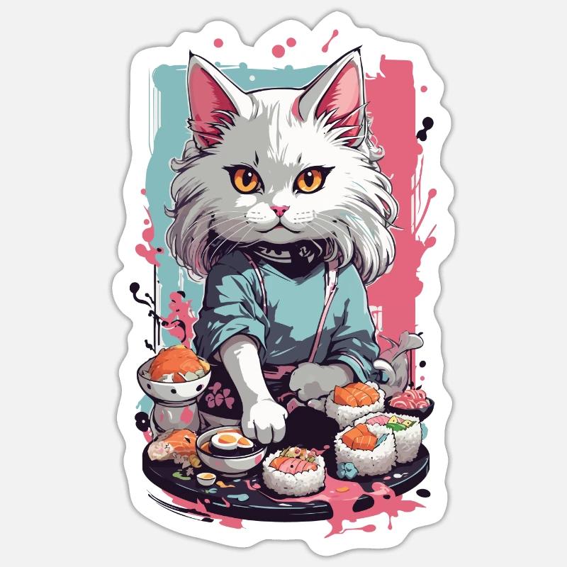 Cat Sushi Master Pastel Lover Design - Sticker størrelse S (10 x 10 cm) - mat hvid