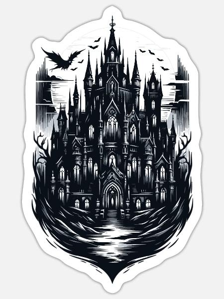 Gotisches Kunstwerk mit Spukschloss - Sticker Größe S (10 x 10 cm) - Mattweiß
