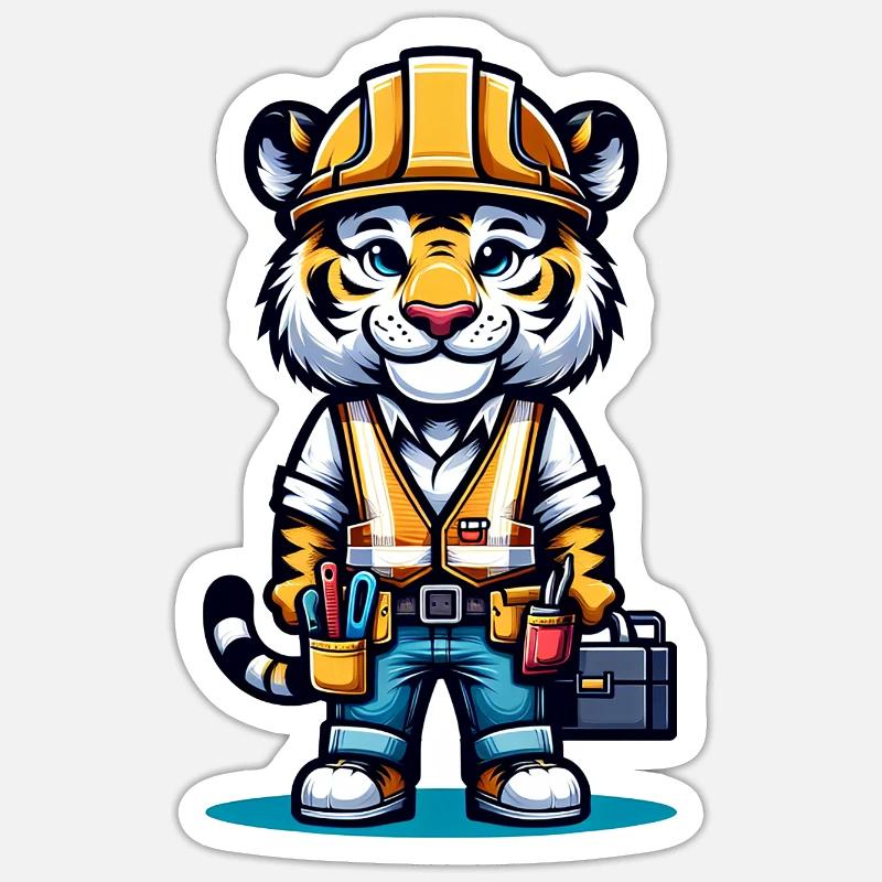 Cute Tiger Construction Worker - Sticker Größe S (10 x 10 cm) - Mattweiß