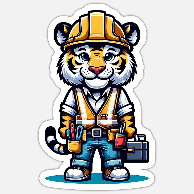 Cute Tiger Construction Worker - Sticker Größe S (10 x 10 cm) - Mattweiß