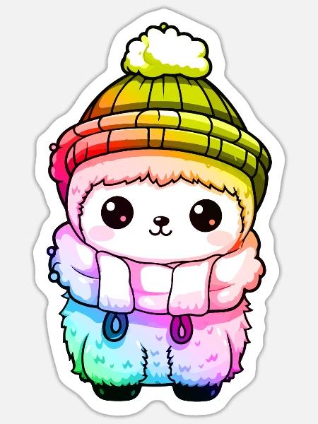 Alpaka Winter Tier Bunt Comic - Sticker Größe S (10 x 10 cm) - Mattweiß