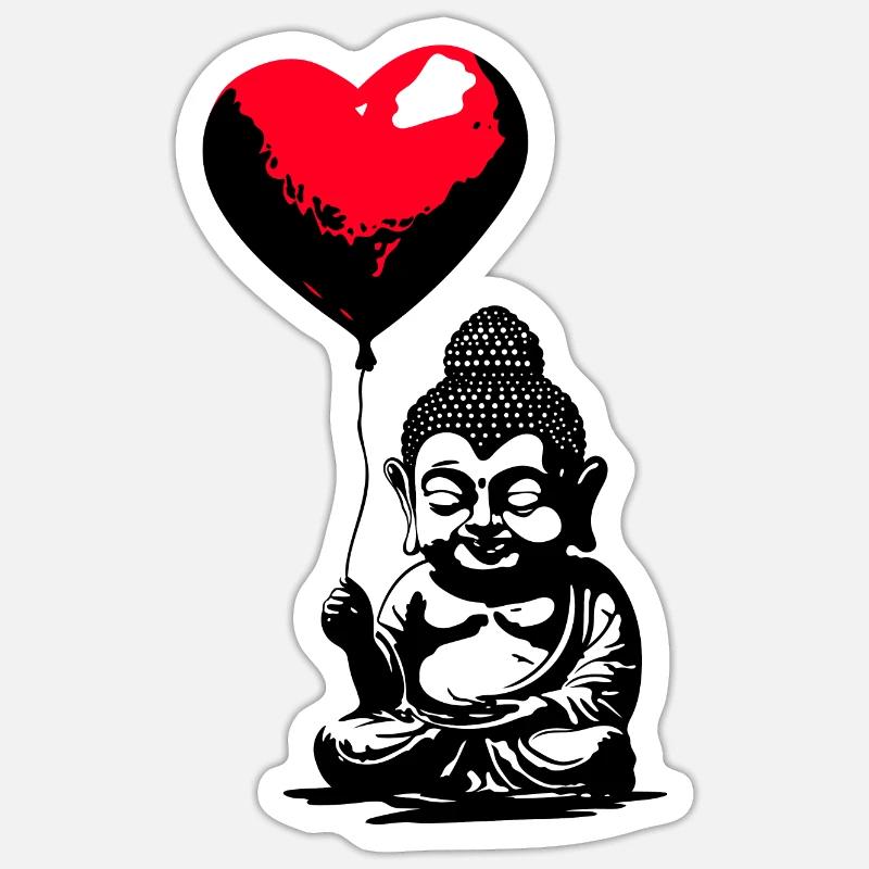 Buddha mit Herz Luftballon - Heartful Creatures - Sticker Größe S (10 x 10 cm) - Mattweiß