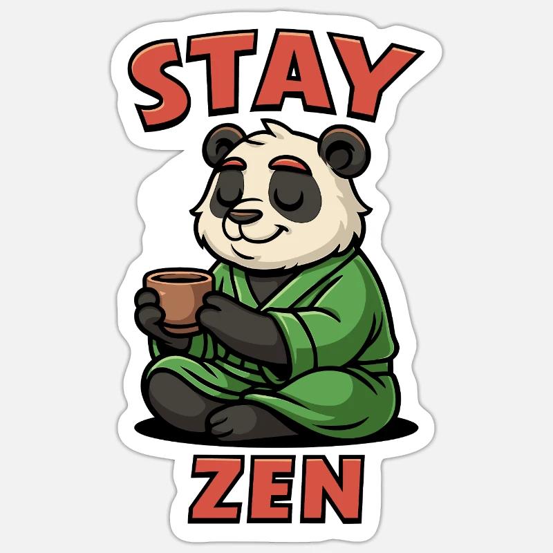 Monaco panda con tè e scritta Stay Zen - Sticker formato S (10 x 10 cm) - bianco opaco
