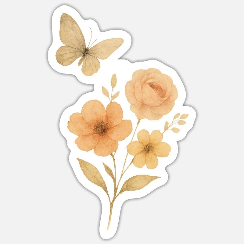 Fleurs pastel avec papillon - Sticker taille S (10 x 10 cm) - blanc mat