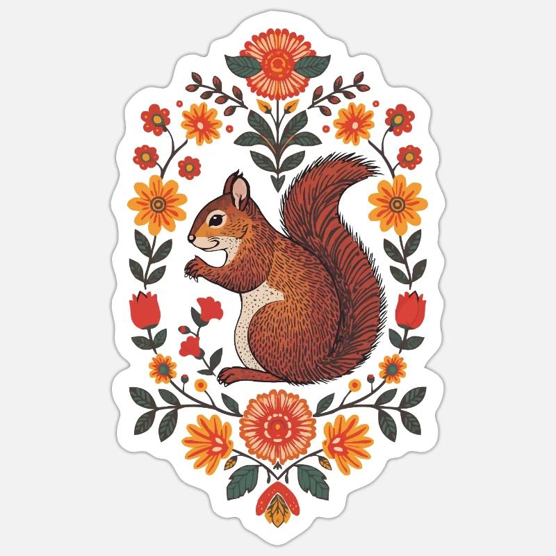 Écureuil dans une couronne de fleurs - Sticker taille S (10 x 10 cm) - blanc mat