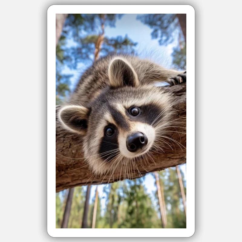 Neugieriger Waschbär am Baumast - Sticker Größe S (10 x 10 cm) - Mattweiß