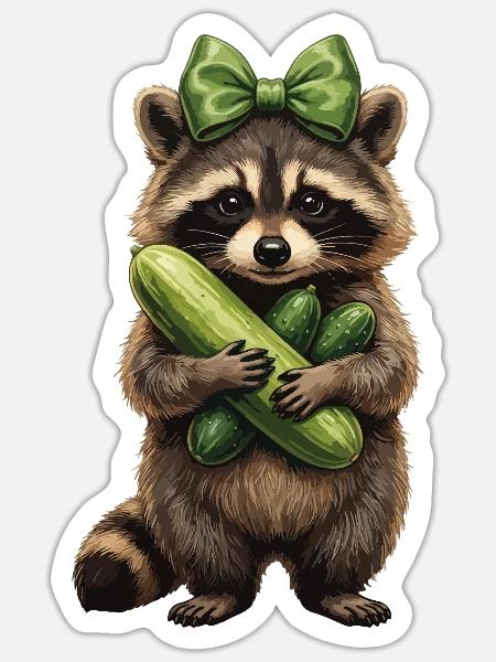 Waschbär mit Gurkenfreude - Sticker Größe S (10 x 10 cm) - Mattweiß