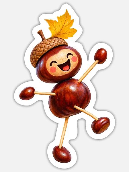 Fröhliche Kastanienfigur mit Eichelhut  - Sticker Größe S (10 x 10 cm) - Mattweiß