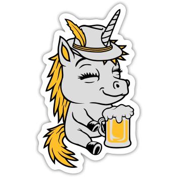 Bier trinkendes sitzendes Einhorn - Sticker Größe S (10 x 10 cm) - Mattweiß - Vorne