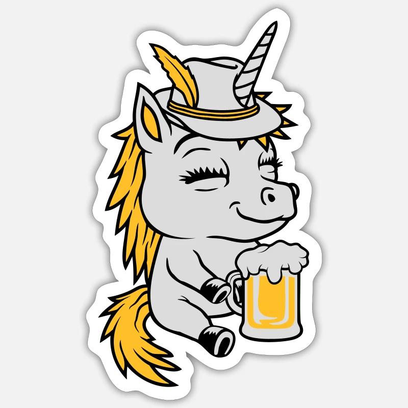 Bier trinkendes sitzendes Einhorn - Sticker Größe S (10 x 10 cm) - Mattweiß