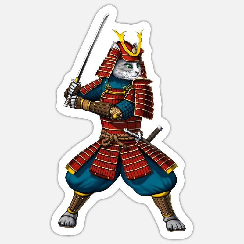 Chat Japonais Samouraï Ninja - Sticker taille S (10 x 10 cm) - blanc mat