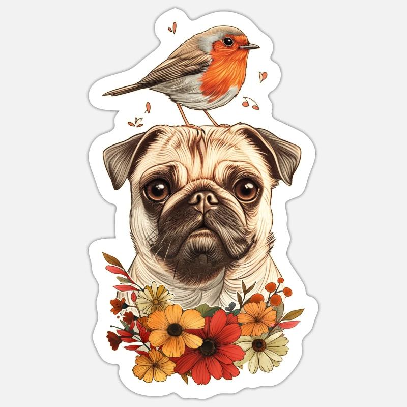 Mops mit Vogel - Sticker Größe S (10 x 10 cm) - Mattweiß