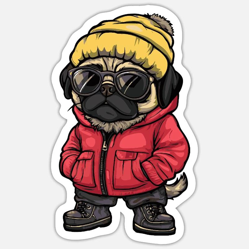 Mops Hund Cool Comic - Sticker Größe S (10 x 10 cm) - Mattweiß