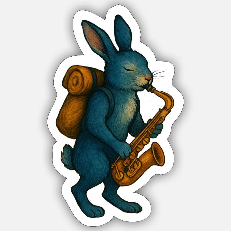 Blue Rabbit with Saxophone - Sticker size S (10 x 10 cm) - white matte