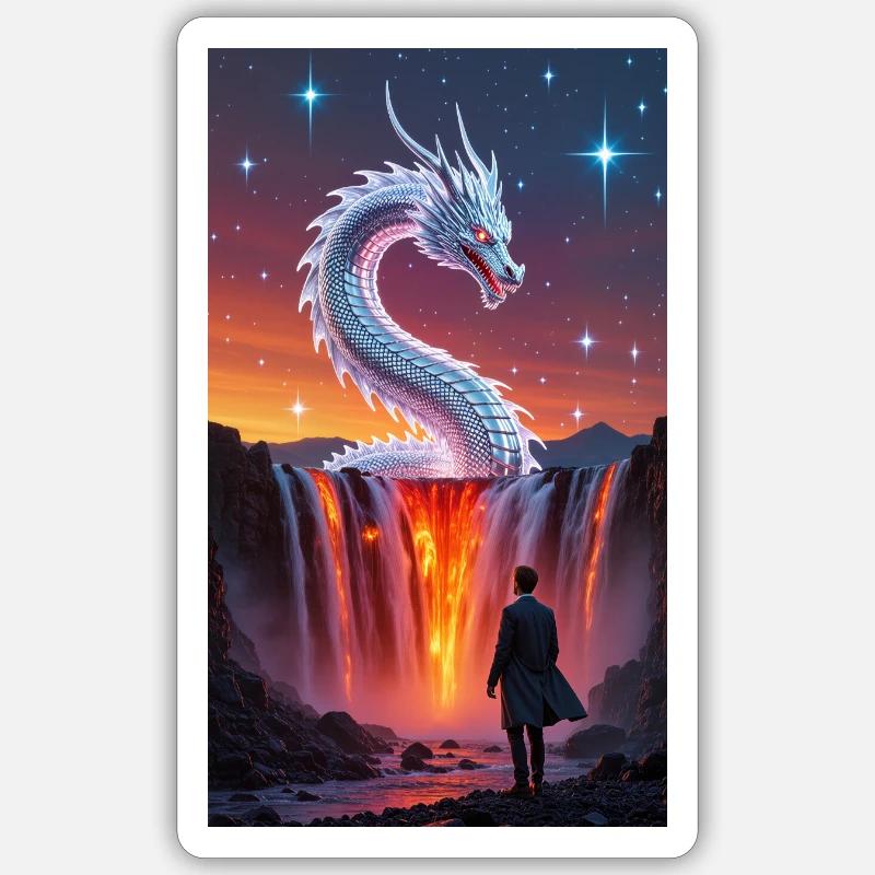 Fiery dragon's tail over waterfall - Sticker size S (10 x 10 cm) - white matte