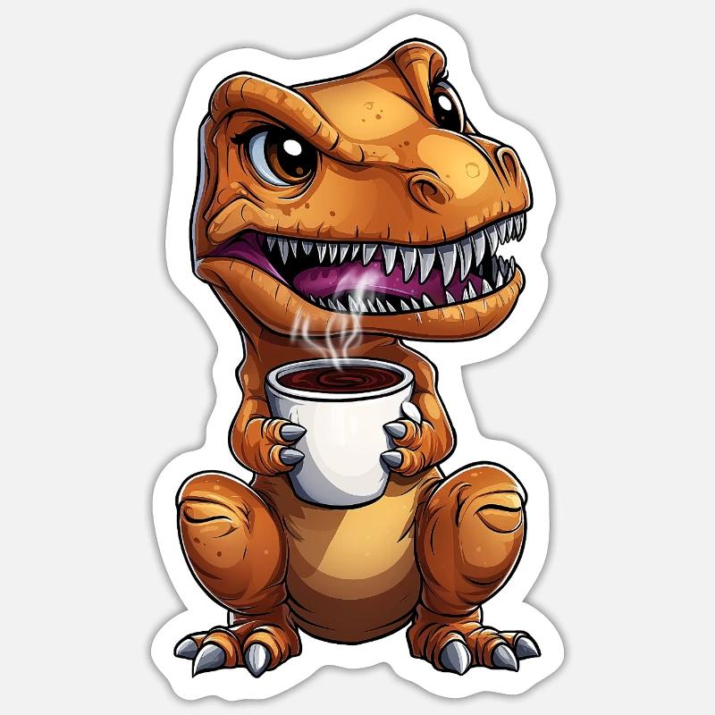 Morgenmuffel T-Rex Dino mit Kaffee :) - Sticker Größe S (10 x 10 cm) - Mattweiß