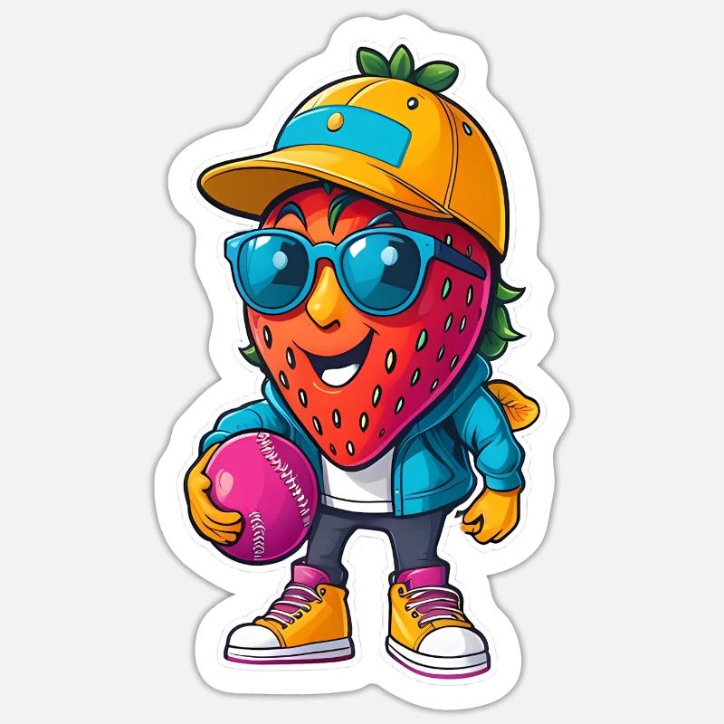 Erdbeer Baseballheld mit Sonnenbrille - Sticker Größe S (10 x 10 cm) - Mattweiß