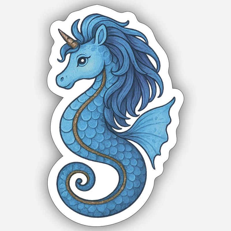 Seepferdchen-Einhornblauer Ozean - Sticker Größe S (10 x 10 cm) - Mattweiß