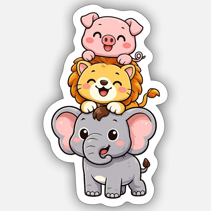 Éléphant, Lion, Cochon - Sticker taille S (10 x 10 cm) - blanc mat
