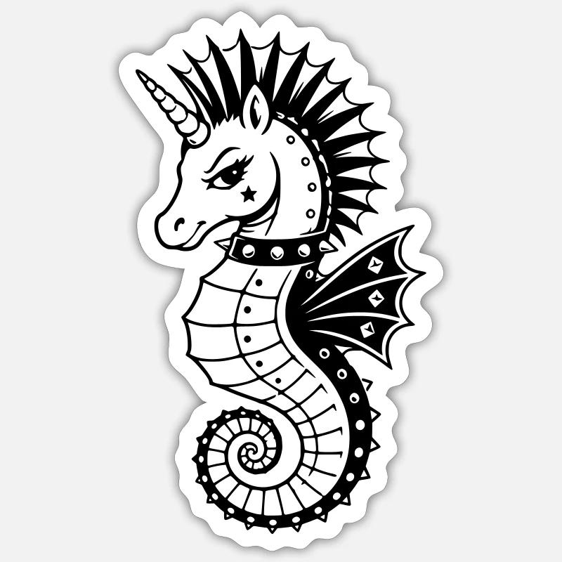Punk Einhorn Seepferdchen Motiv - Sticker Größe S (10 x 10 cm) - Mattweiß