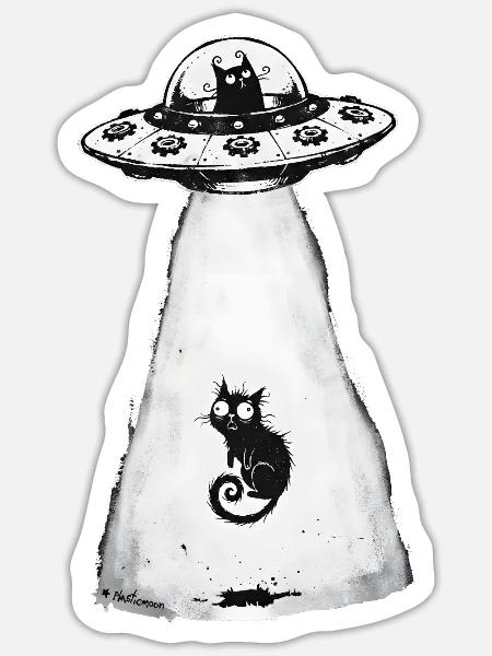 UFO-Katze: Weltraumcharme - Sticker Größe S (10 x 10 cm) - Mattweiß