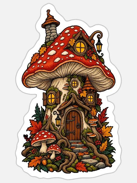 Pilzhaus im Märchenwald - Sticker Größe S (10 x 10 cm) - Mattweiß