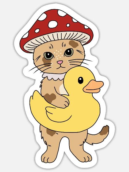 Süße Pilzkatze mit Ente - Sticker Größe S (10 x 10 cm) - Mattweiß