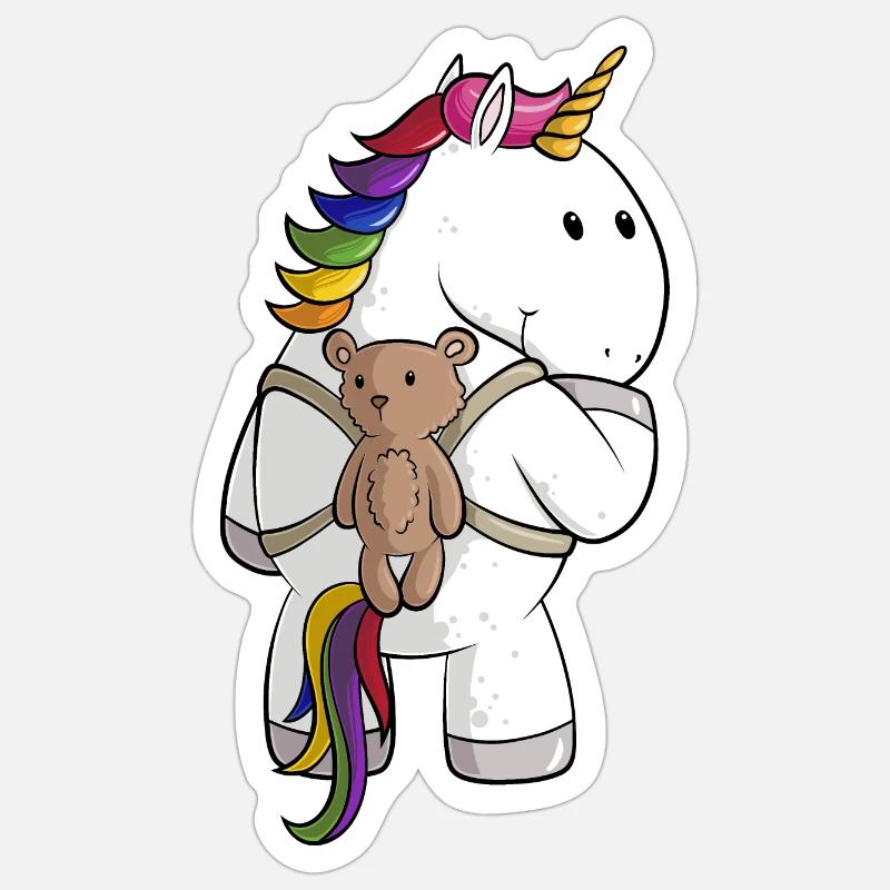 Comic Einhorn mit Rucksack - Sticker Größe S (10 x 10 cm) - Mattweiß