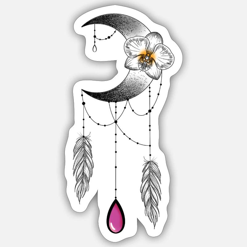 Lune orchidée plume et perle type attrape rêve  Sticker taille S (10 x 10 cm)
