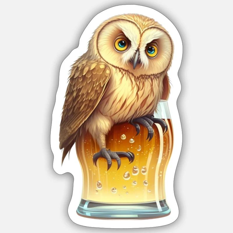 Coole Bier Eule - Sticker Größe S (10 x 10 cm) - Mattweiß