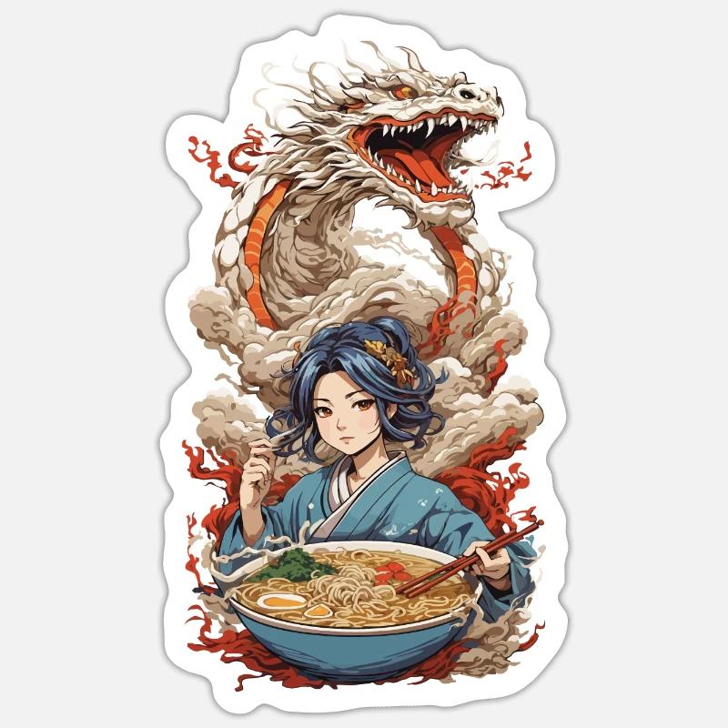 Ukiyo-E Ramen & Drache Anime Aesthetic - Sticker Größe S (10 x 10 cm) - Mattweiß