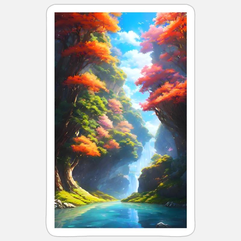 Üppiger & bunter Anime-Fluss mit Bäumen - Sticker Größe S (10 x 10 cm) - Mattweiß