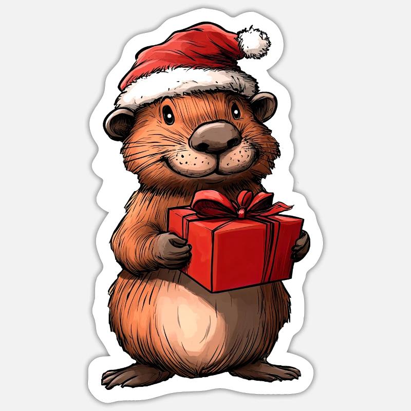Castor de Noël - Sticker taille S (10 x 10 cm) - blanc mat