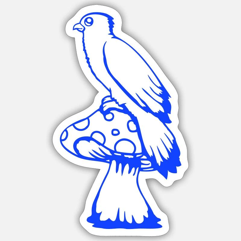 Bird sitting cute big mushroom dots toadstool Sticker size S (10 x 10 cm)