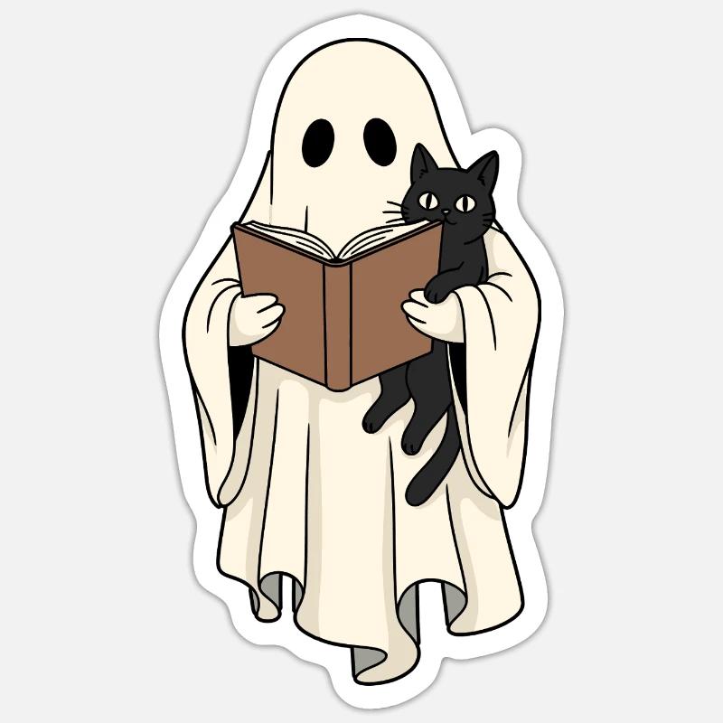 Lesender Geist mit Katze im Buch - Sticker Größe S (10 x 10 cm) - Mattweiß
