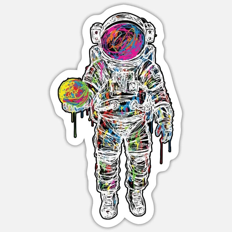 Astronaute Espace Scribble Peinture Planète - Sticker taille S (10 x 10 cm) - blanc mat