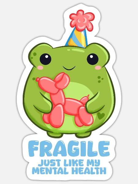 Achtung zerbrechlich Frosch mit Partyhut - Sticker Größe S (10 x 10 cm) - Mattweiß